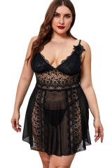 Black Color Block Hollow-out Lace Gauze Patchwork Plus Size Babydoll LC31319-2