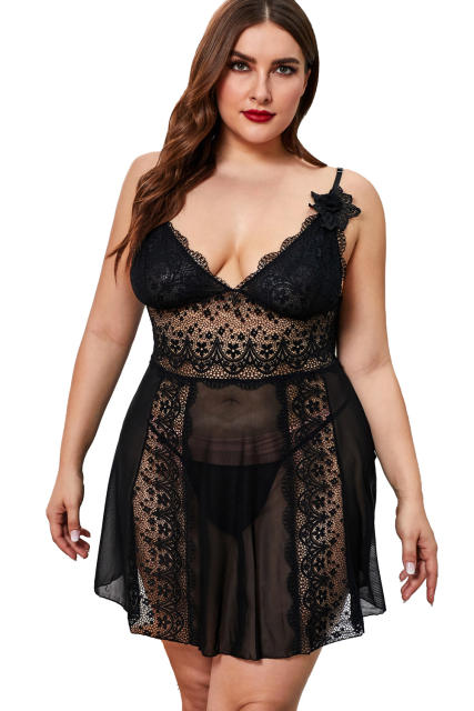 Black Color Block Hollow-out Lace Gauze Patchwork Plus Size Babydoll LC31319-2