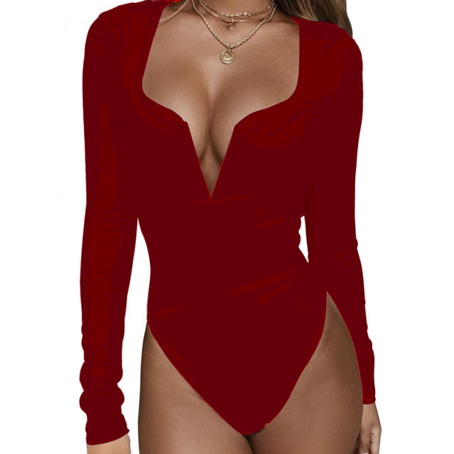 Wine Red Deep V Long Sleeve Bodysuit TQK550156-103