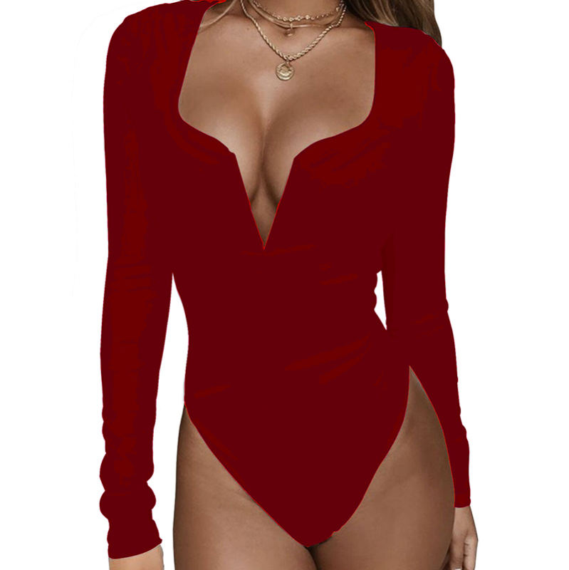 Wine Red Deep V Long Sleeve Bodysuit TQK550156-103