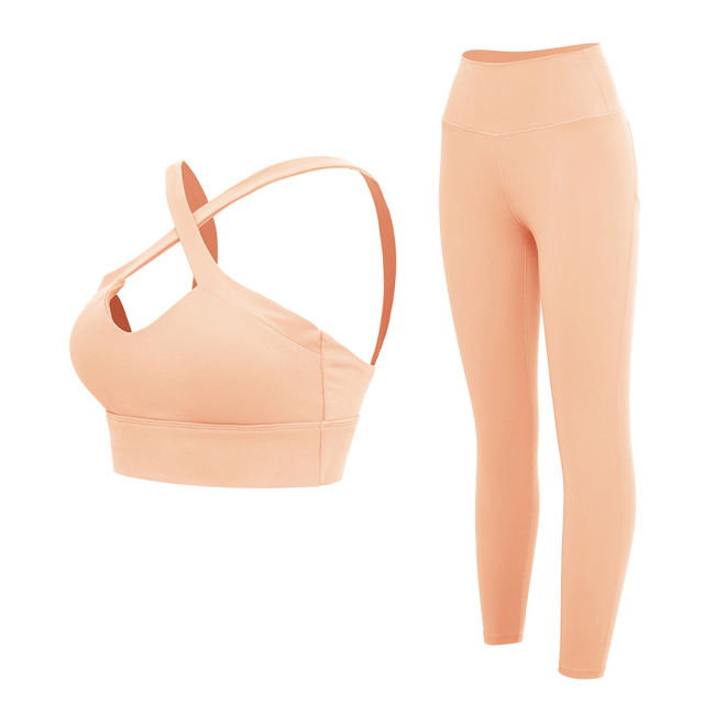 Pink Cross Shoulder Bra with Pant Yoga Set TQE91344-10