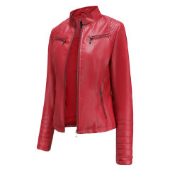 Red Zipper Pockets Long Sleeve PU Leather Jacket TQK280093-3