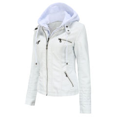 White Removable Hooded Washed PU Leather Jacket TQK280096-1