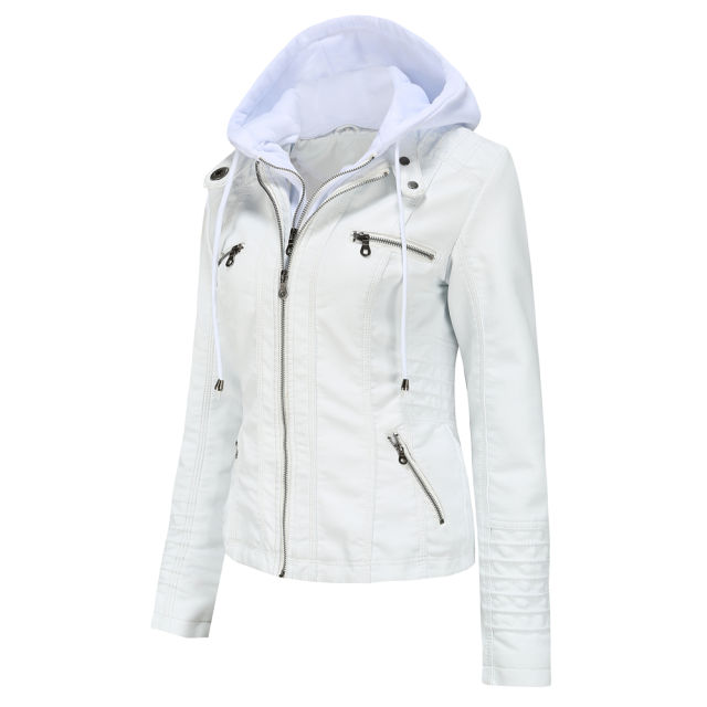 White Removable Hooded Washed PU Leather Jacket TQK280096-1