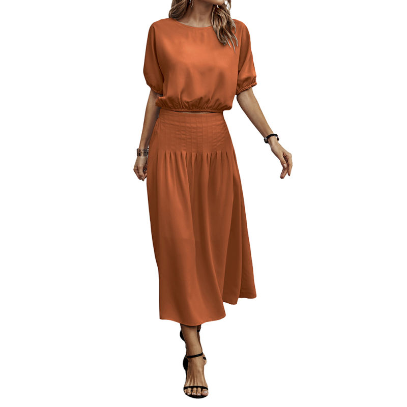 Orange Pleated Crop Top with Skirt Set TQX711094-14