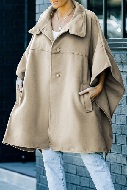 Khaki Snap Button Turn-down Collar Cape Coat LC859002-16