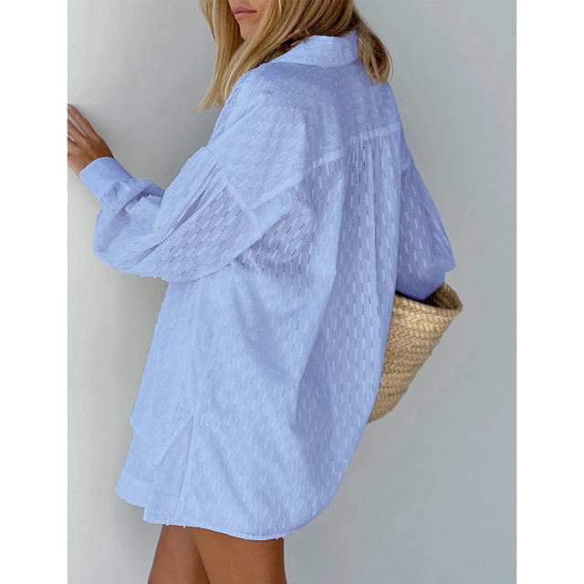 Blue Hollow-out Jacquard Long Sleeve Shirt with Shorts Set TQF711040-5