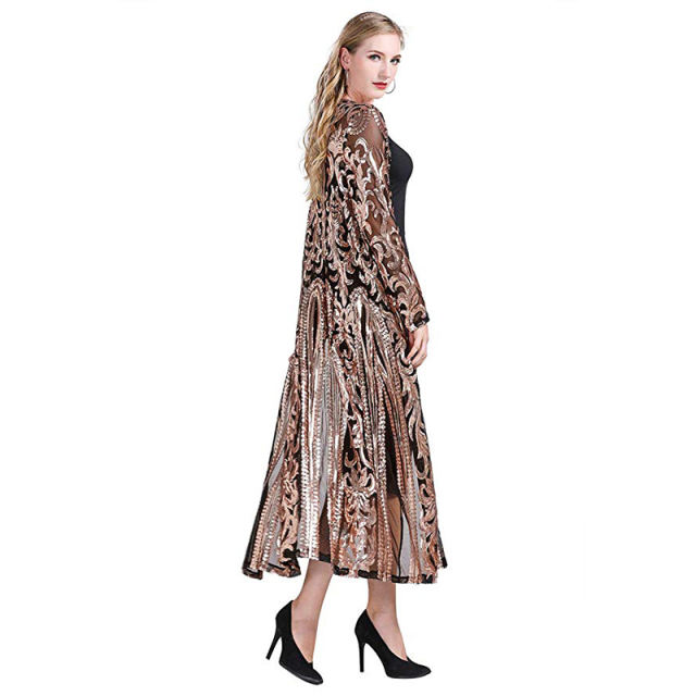 Black Sequined Perspective Long Cardigan TQK280045-2
