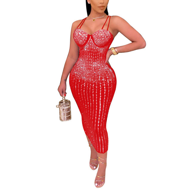 Red Mesh Rhinestone Plus Size Sling Dress TQK310775-3