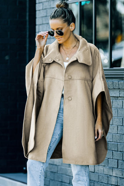 Khaki Snap Button Turn-down Collar Cape Coat LC859002-16