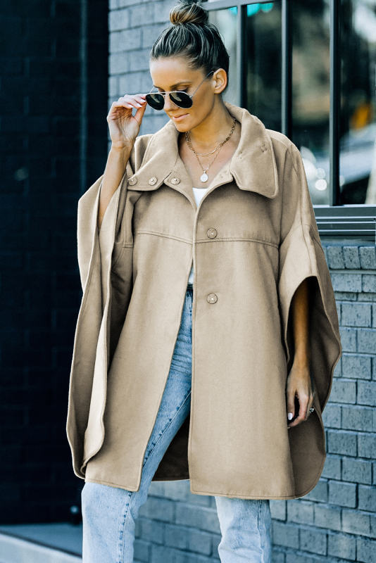 Khaki Snap Button Turn-down Collar Cape Coat LC859002-16