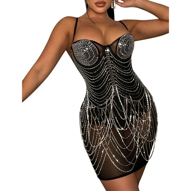 Black Padded Rhinestone Studded Mesh Sling Bodycon Dress TQK311158-2
