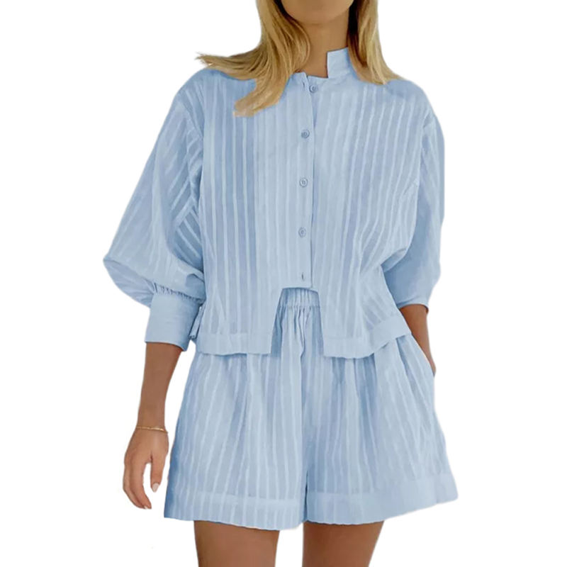 Blue Jacquard 100%Cotton Button Shirt and Shorts Set TQF711024-5