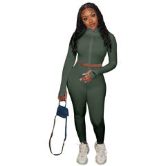 Army Green Cotton Blend Zipper Datail Long Sleeve Top with Pant Set TQK710132-27