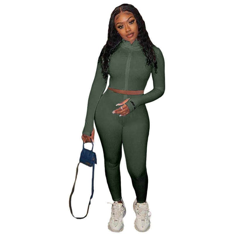 Army Green Cotton Blend Zipper Datail Long Sleeve Top with Pant Set TQK710132-27