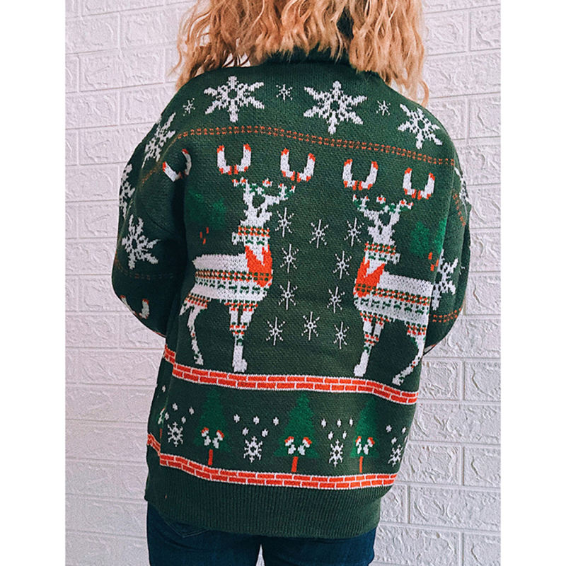 Green Christma Tree Deer Snowflake Print Knit Pullover TQK271415-9