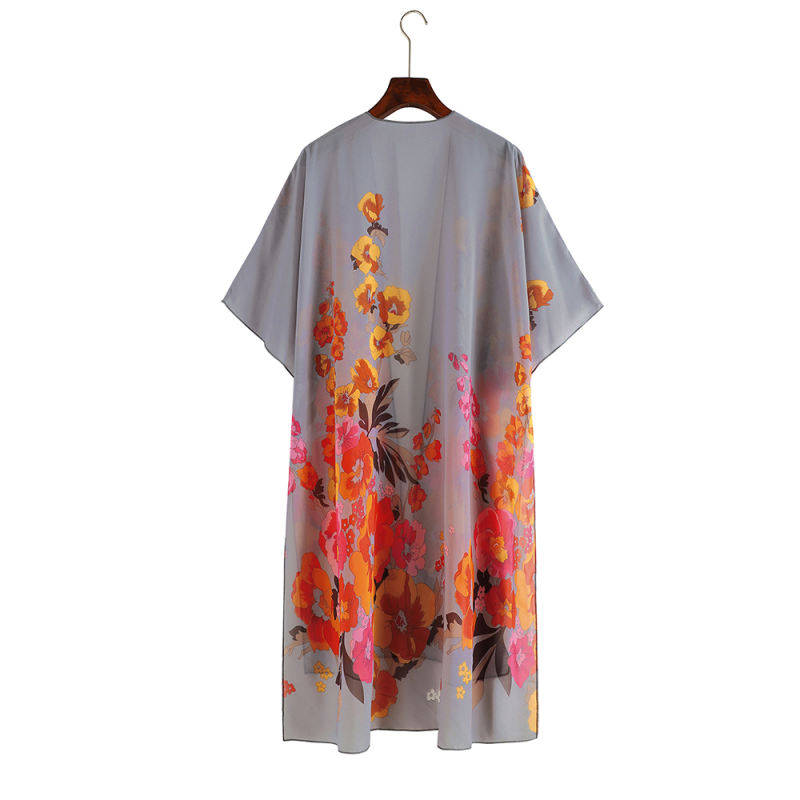 Gray Floral Print Chiffon Kimono Beach Cover Up TQK650079-11