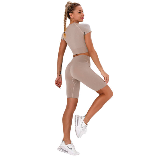Wood Brown Seamless Short Sleeve Yoga Sports Set TQE00138-213