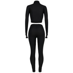 Black Cotton Blend Zipper Datail Long Sleeve Top with Pant Set TQK710132-2