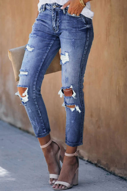 Blue Fading Distressed Holes Crop Jeans LC78064-5