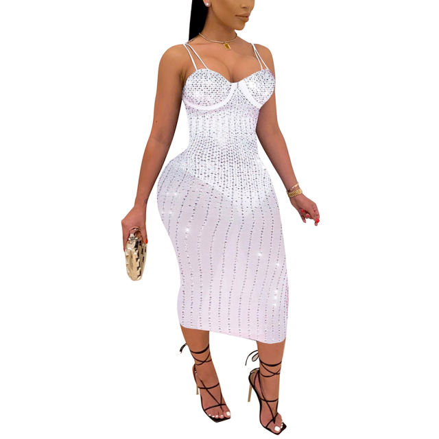 White Mesh Rhinestone Plus Size Sling Dress TQK310775-1