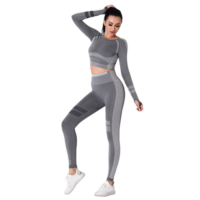 Dark Gray Seamless Knit Long Sleeve Pant Yoga Set TQE91372-26