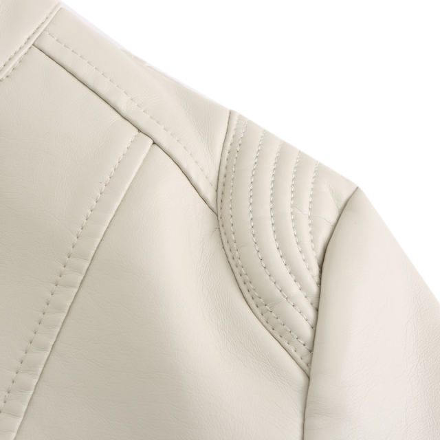 Beige Stand Collar Zipper Detail PU Leather Jacket TQK280094-46