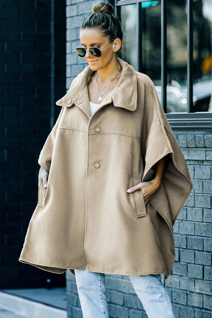 Khaki Snap Button Turn-down Collar Cape Coat LC859002-16