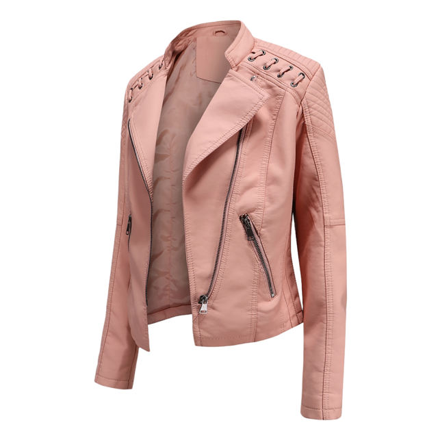Light Pink Zipper Slim Fit Motorcycle PU Leather Jacket TQK280090-39
