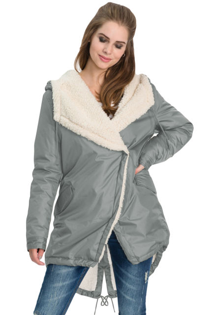 Gray Asymmetric Hooded Fleece Winter Coat