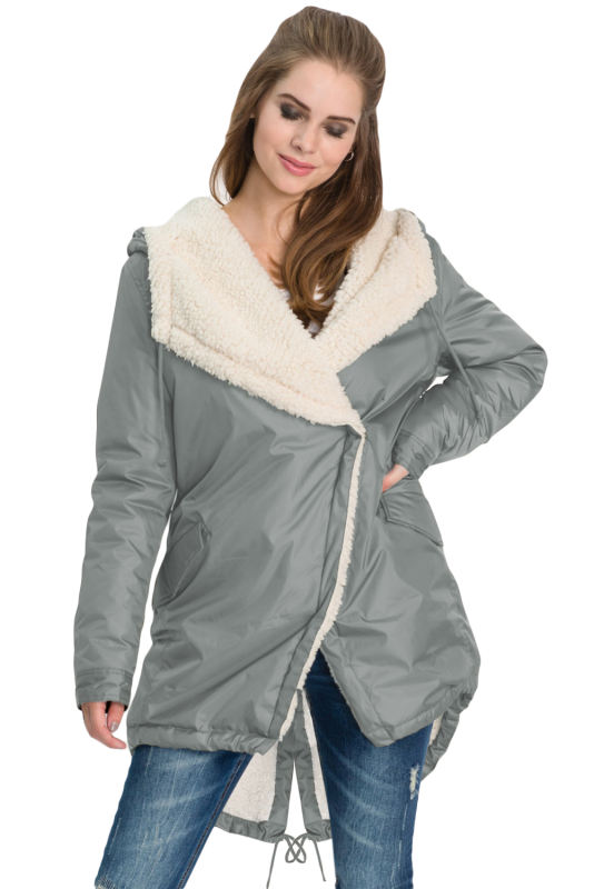 Gray Asymmetric Hooded Fleece Winter Coat