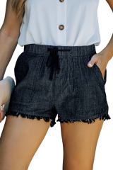 Black Casual Pocketed Frayed Denim Shorts LC77959-2