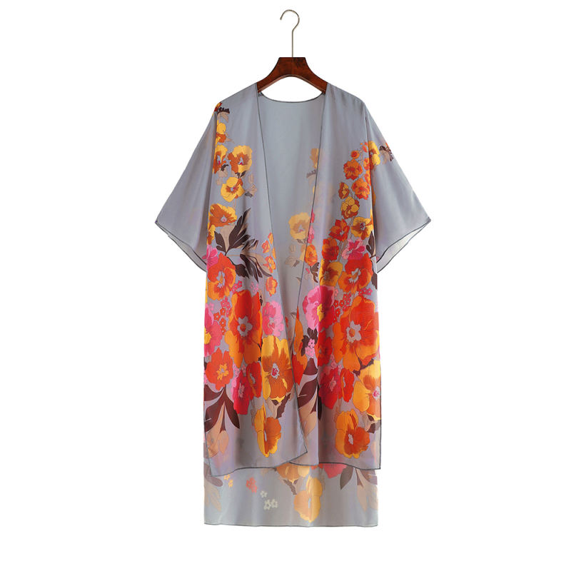 Gray Floral Print Chiffon Kimono Beach Cover Up TQK650079-11