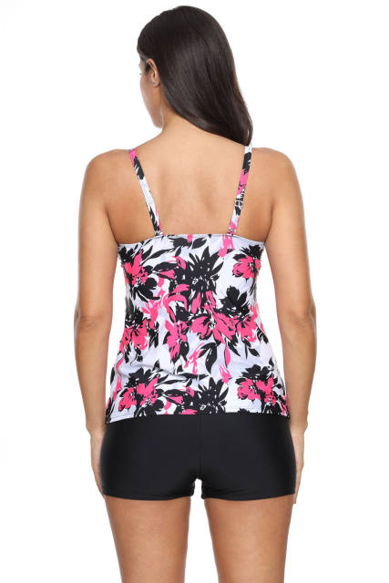 Rose Red Floral Print Swimdress Tankini and Shorts