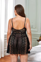 Black Color Block Hollow-out Lace Gauze Patchwork Plus Size Babydoll LC31319-2