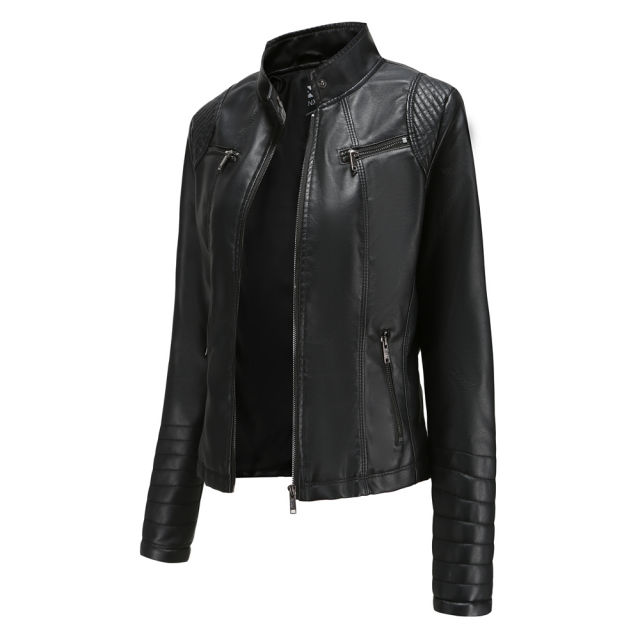 Black Zipper Pockets Long Sleeve PU Leather Jacket TQK280093-2