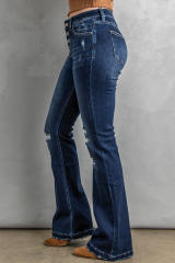 Dark Washed Distressed Flare Bottom Jeans LC783659-5