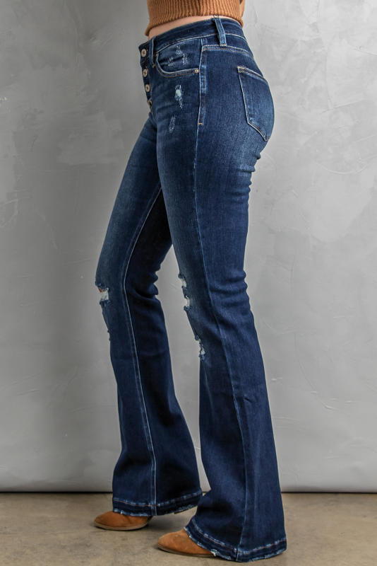 Dark Washed Distressed Flare Bottom Jeans LC783659-5
