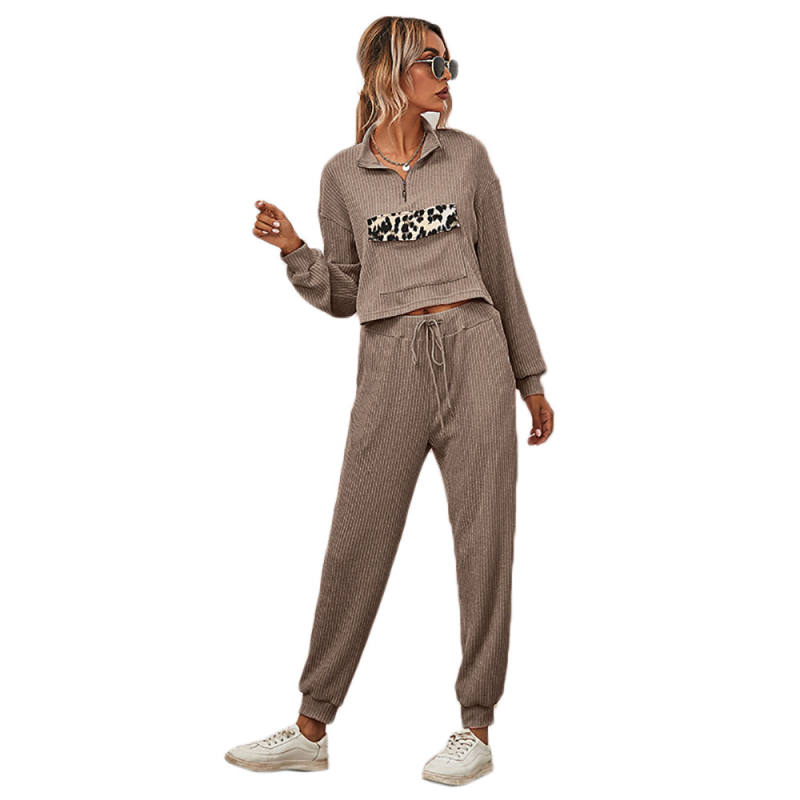 Coffee Zipper Up Leopard Detail Sweatshirt with Pant Set TQK710222-15