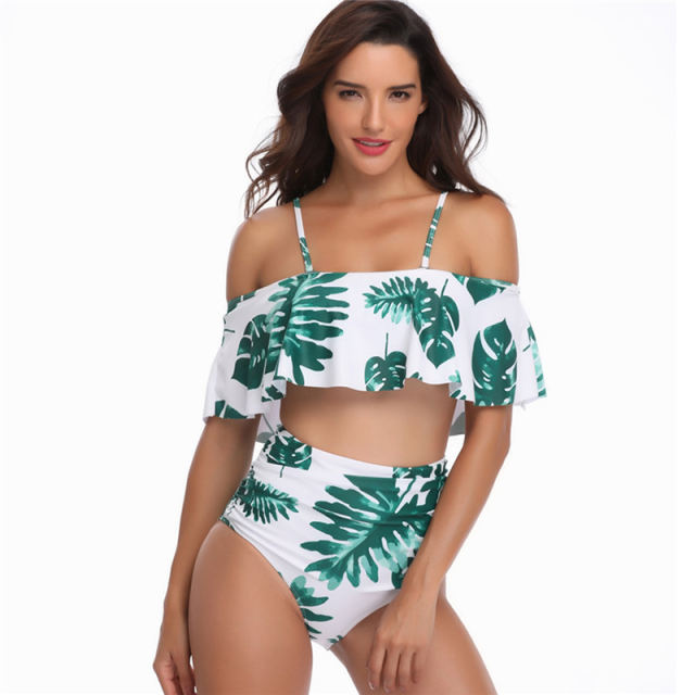 Light Green Palm Tree Leaf Print High Waist Bikini Swimsuit