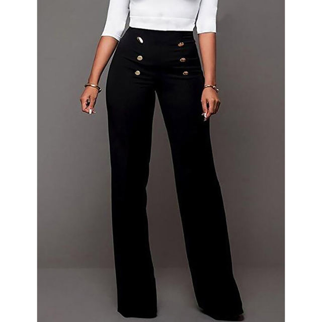 Black Button Detail Casual Flare Pants TQV510097-2
