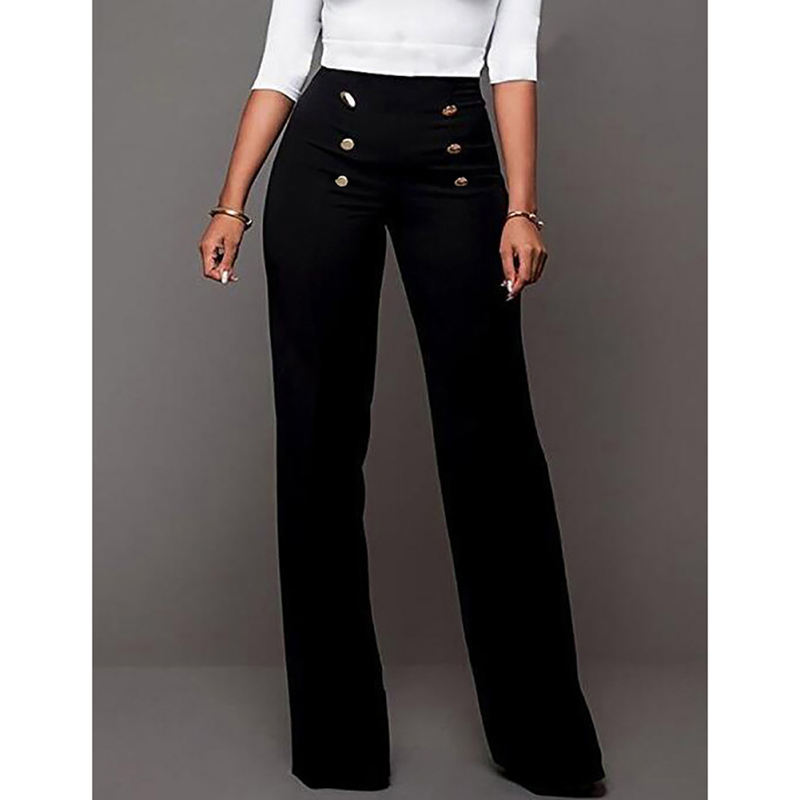 Black Button Detail Casual Flare Pants TQV510097-2