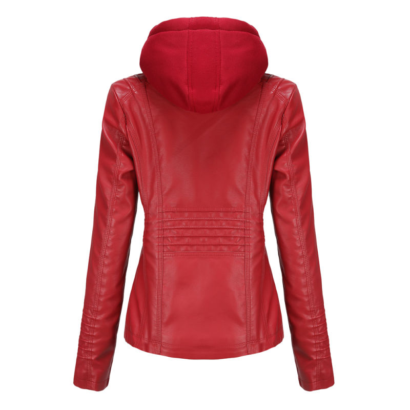 Red Removable Hooded Washed PU Leather Jacket TQK280096-3
