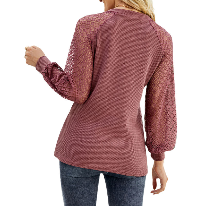 Brick Red Waffle Splicing Lace Long Sleeve Tops TQF210082-66