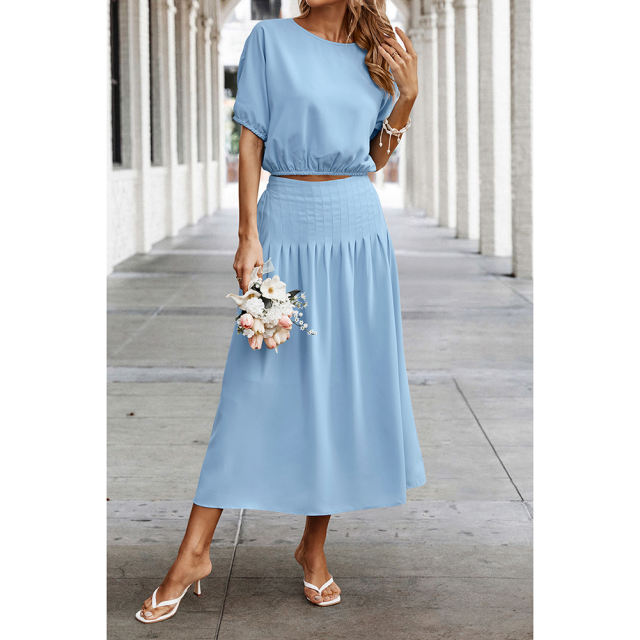 Light Blue Pleated Crop Top with Skirt Set TQX711094-30
