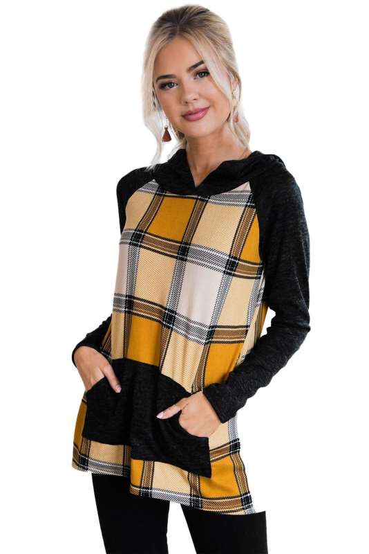 Yellow Plaid Pullover Hoodie LC252599-7