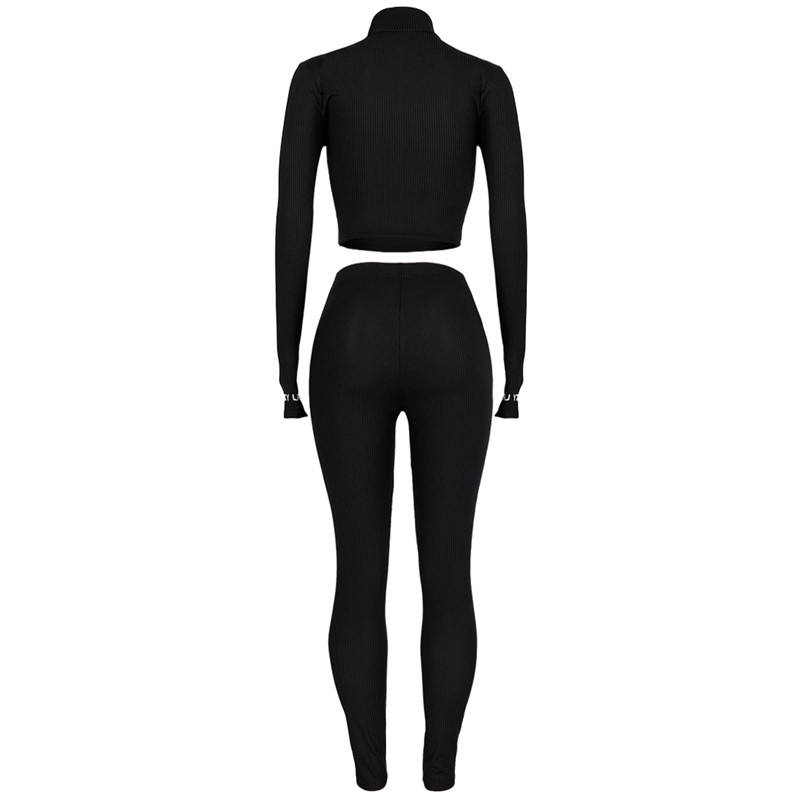 Black Cotton Blend Zipper Datail Long Sleeve Top with Pant Set TQK710132-2