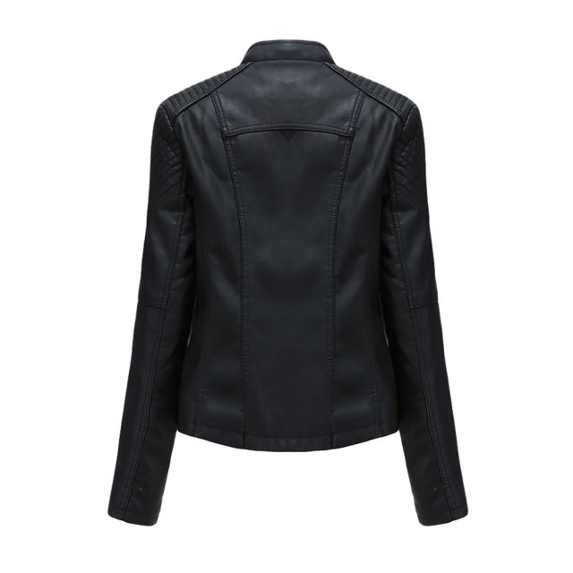 Black Zipper Slim Fit Motorcycle PU Leather Jacket TQK280090-2