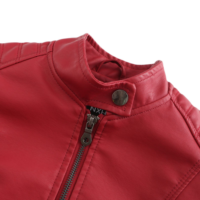 Red Slim Fit Stand Collar PU Motorcycle Jacket TQK280091-3