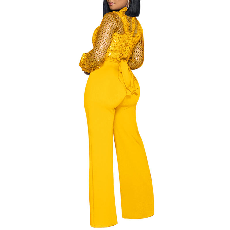 Yellow Back Lace-up Long Sleeve Sequin Jumpsuit TQK550346-7